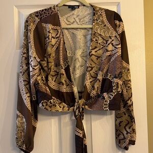 Fashion Nova Brown and Cream Patterned Tie-Front Top